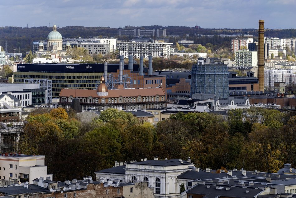 Łódź z lotu ptaka, panorama centrum Łodzi