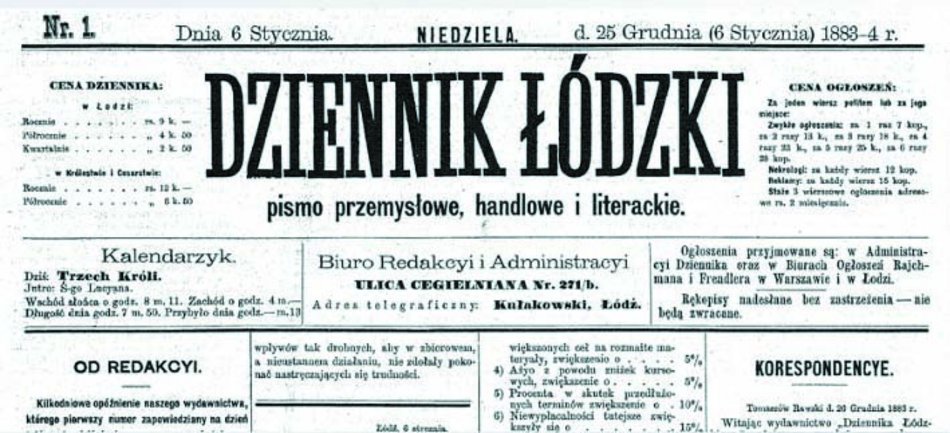 Winieta pierwszego numeru „Dziennika Łódzkiego” z 6 stycznia 1884 r.