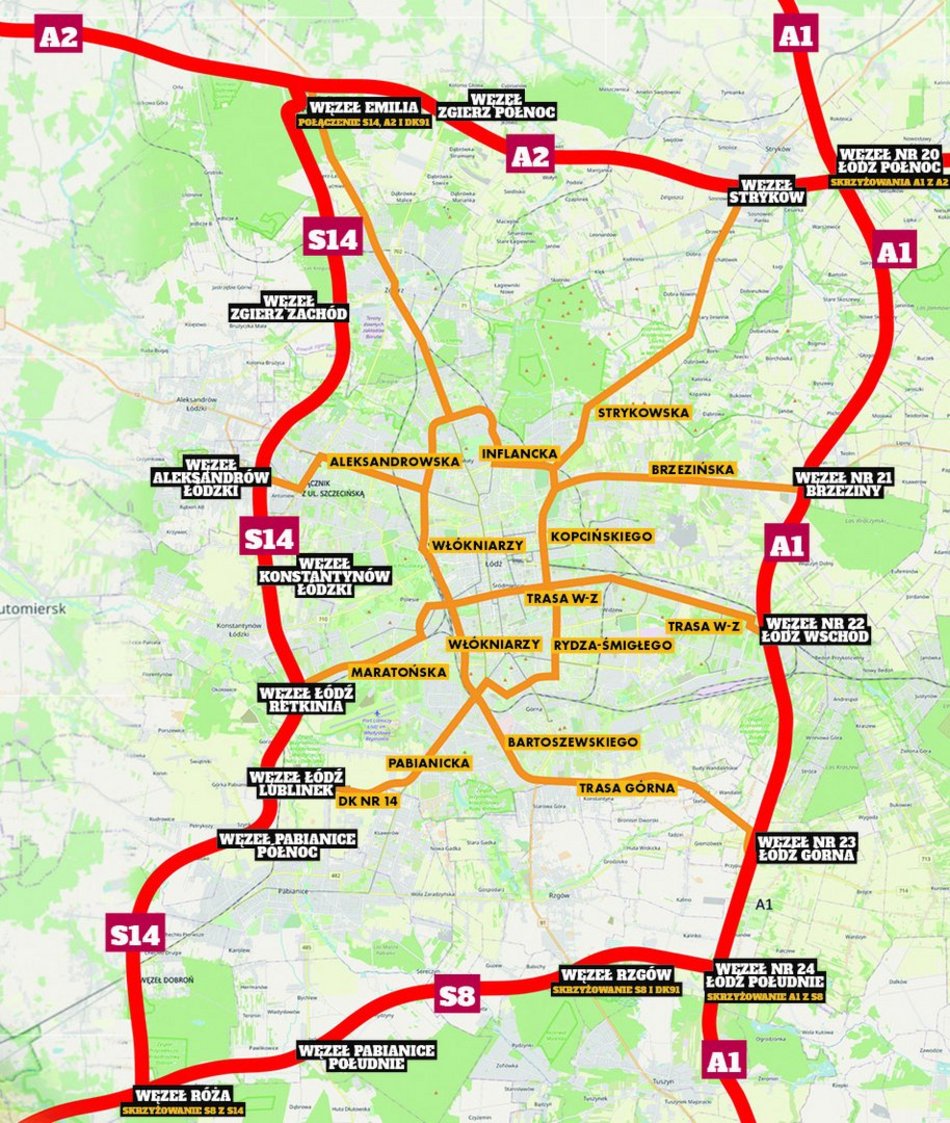 Mapa dróg ekspresowych i autostrad wokół Łodzi