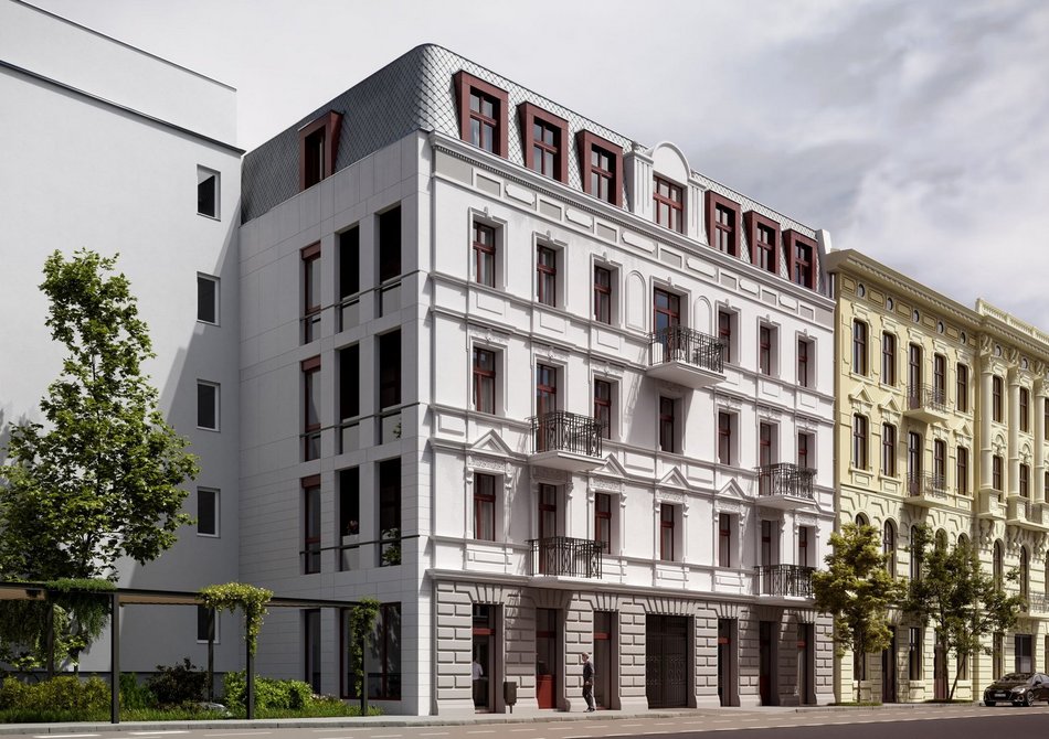 Łódź. Odbudowa zawalonej kamienicy przy Rewolucji w Łodzi. Widać już nowe ściany i piętra