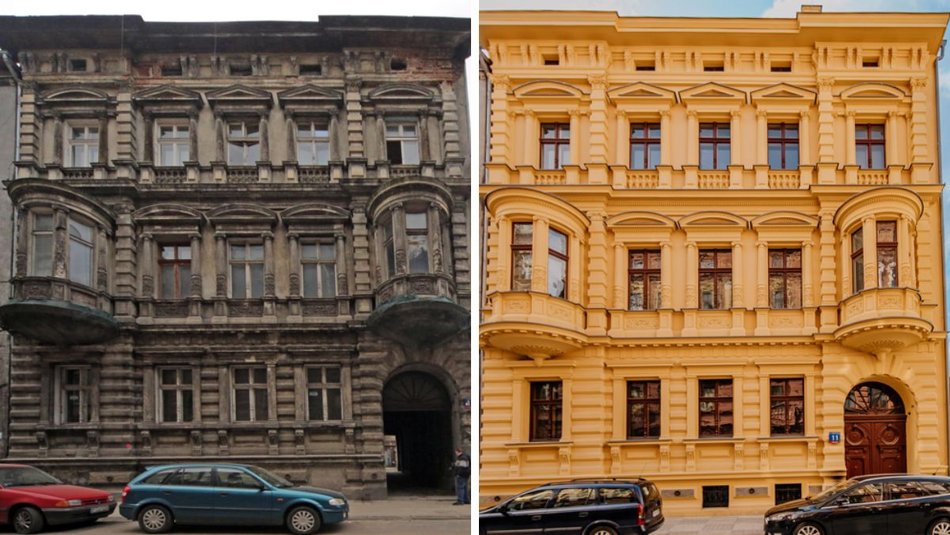 Kamienica przy ul. Włókienniczej 11 w Łodzi przed i po rewitalizacji