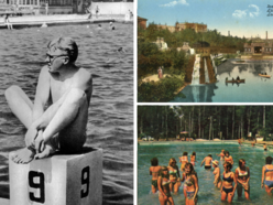 Mężczyzna na słupku na basenie Anilana, park Helenowski - archiwalne zdjęcie, odkryty basen w Wiśniowej Górze