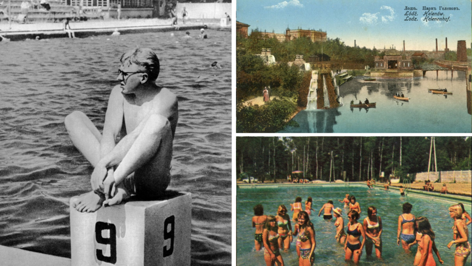 Mężczyzna na słupku na basenie Anilana, park Helenowski - archiwalne zdjęcie, odkryty basen w Wiśniowej Górze