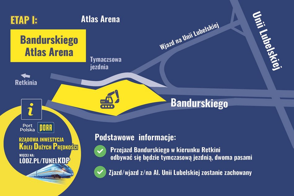 Łódź. I etap prac przy Komorze K5 Bandurskiego - Atlas Arena - mapa