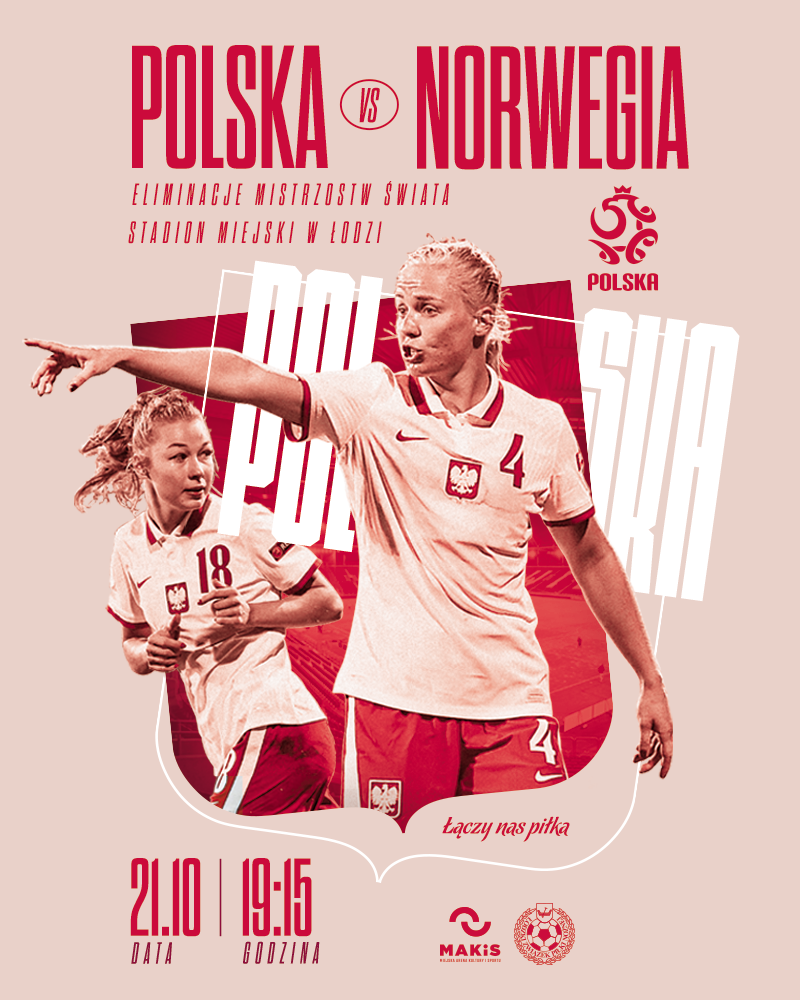 plakat zapowiadający mecz Polska-Norwegia w piłce nożnej kobiet
