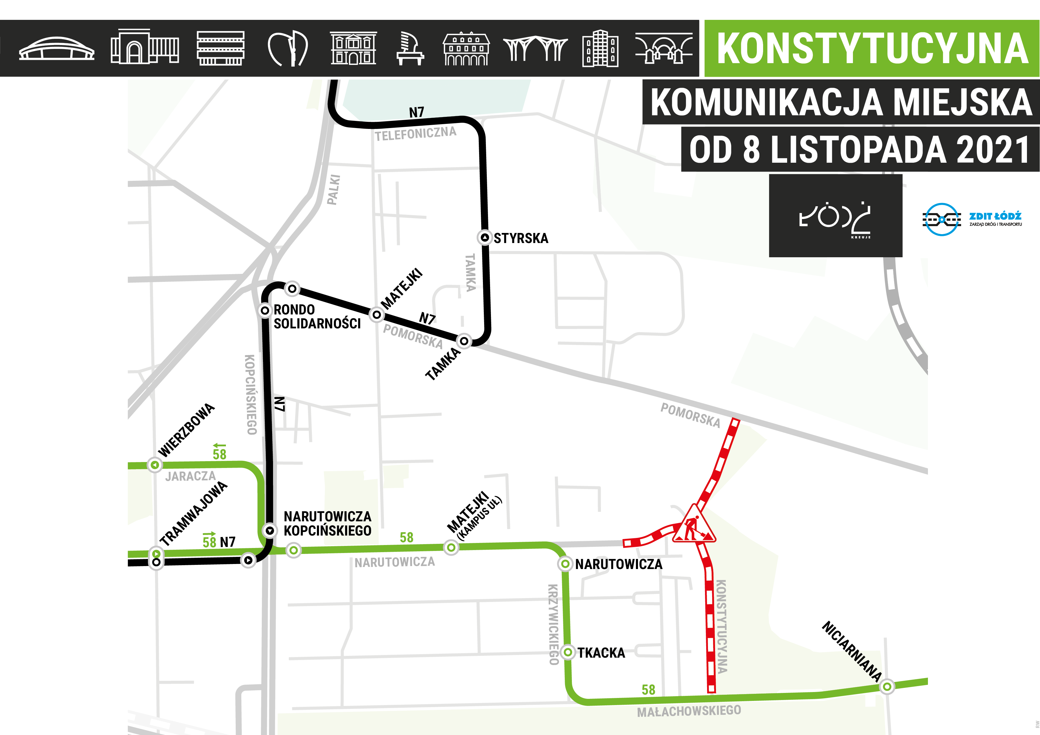 Remont Konstytucyjnej. Mapa objazd&oacute;w MPK Ł&oacute;dź