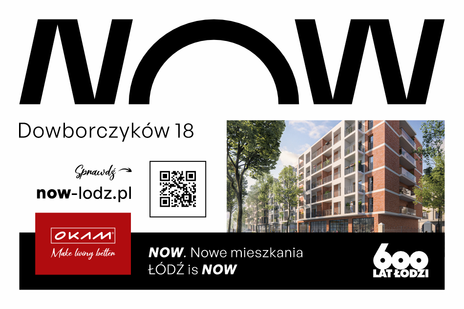 reklama na białym tle, po prawo budynek, po lewo czarne napisy, Dowborczyków 18, now-lodz.pl, firma OKAM